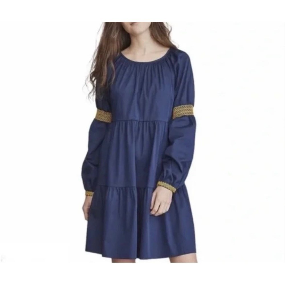 Elizabeth And James Navy Blue Peasant Tiered Dress Embroidered Long Sleeve Sz XS